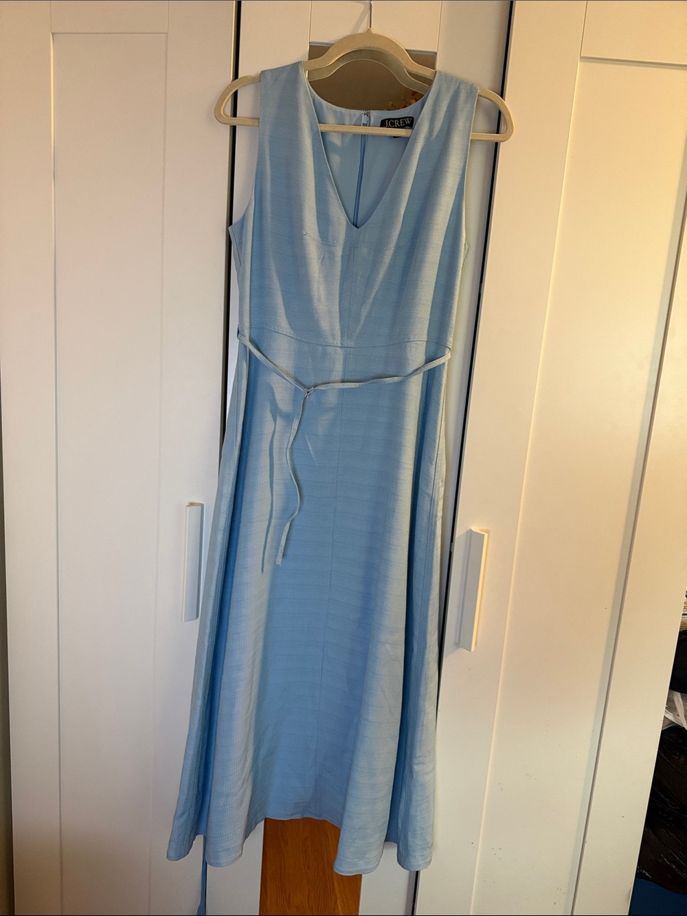 J. Crew Light Blue Sleeveless V-Neck Midi Dress with Tie Waist